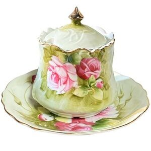Lefton Green Heritage Jam Jelly Jar w Lid & Saucer Hand Painted 1152 Replacement